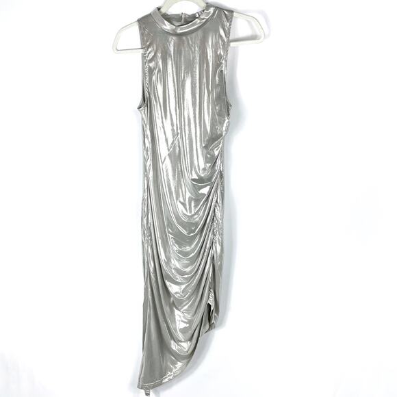 Superdown Izaria Midi Dress Metallic Silver Asymmetric Sleeveless Bodycon Sz M - Picture 4 of 10